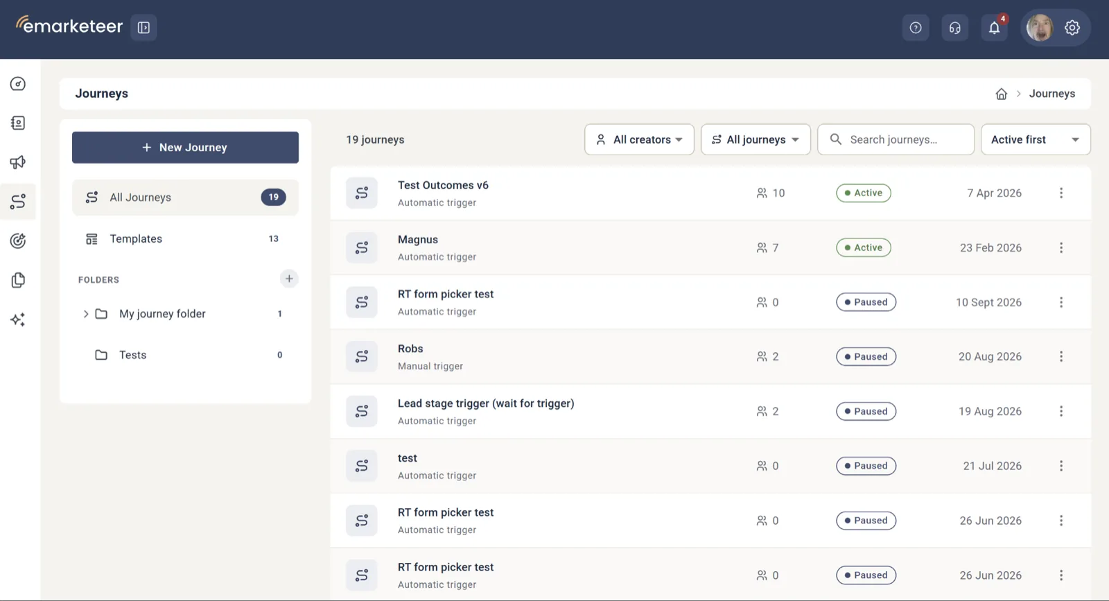 Journeys-listen, med mapper og sortering