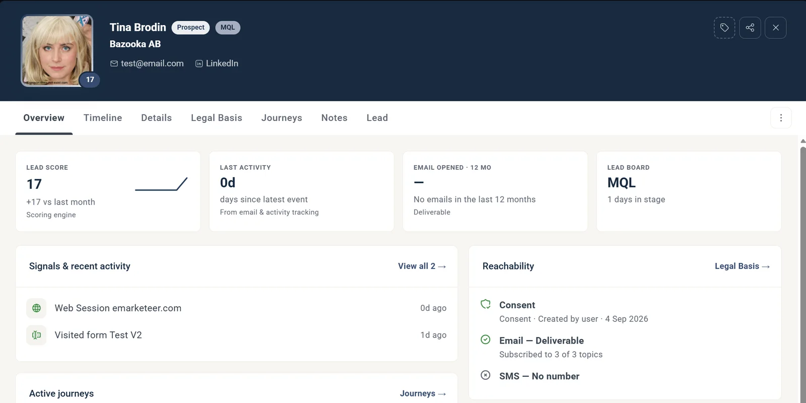 Enriched contact card in eMarketeer