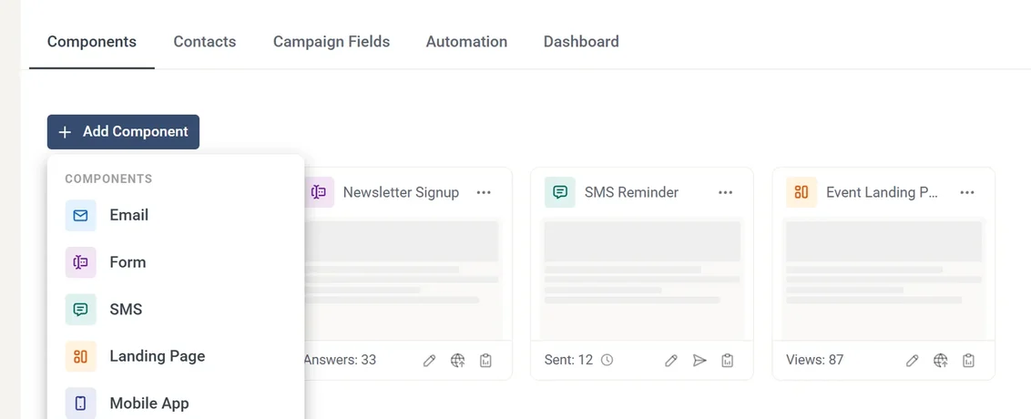 A campaign in eMarketeer with the component menu open, offering email, form, SMS, landing page and mobile app.