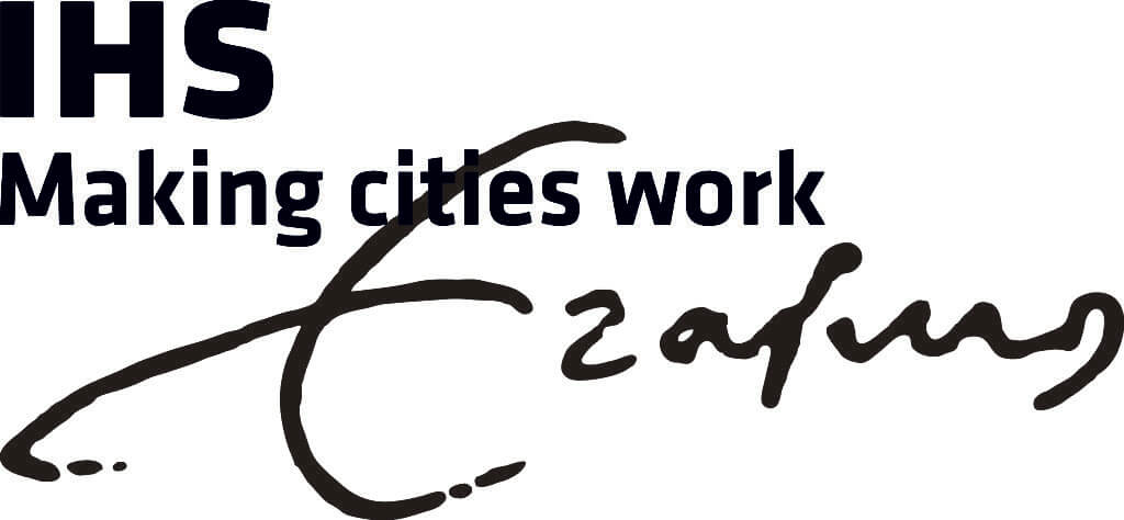 Logo with black text that says "IHS making citiies work Erasmus."